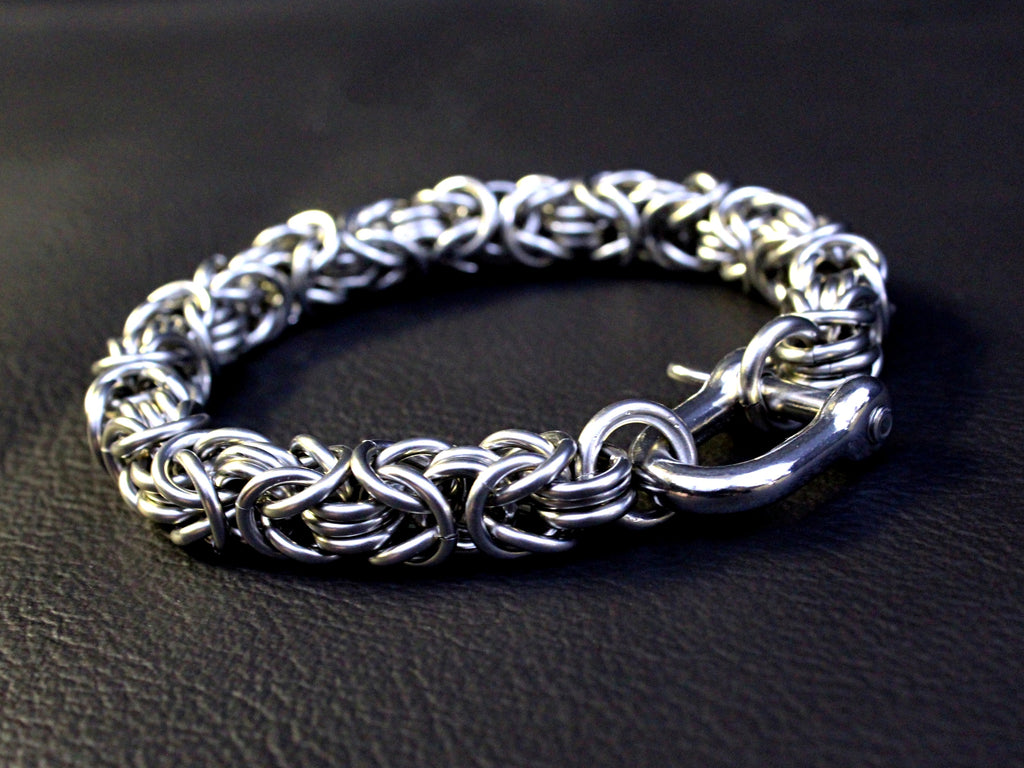 Men's silver bracelet byzantine thick chain stainless steel by san filippo leather