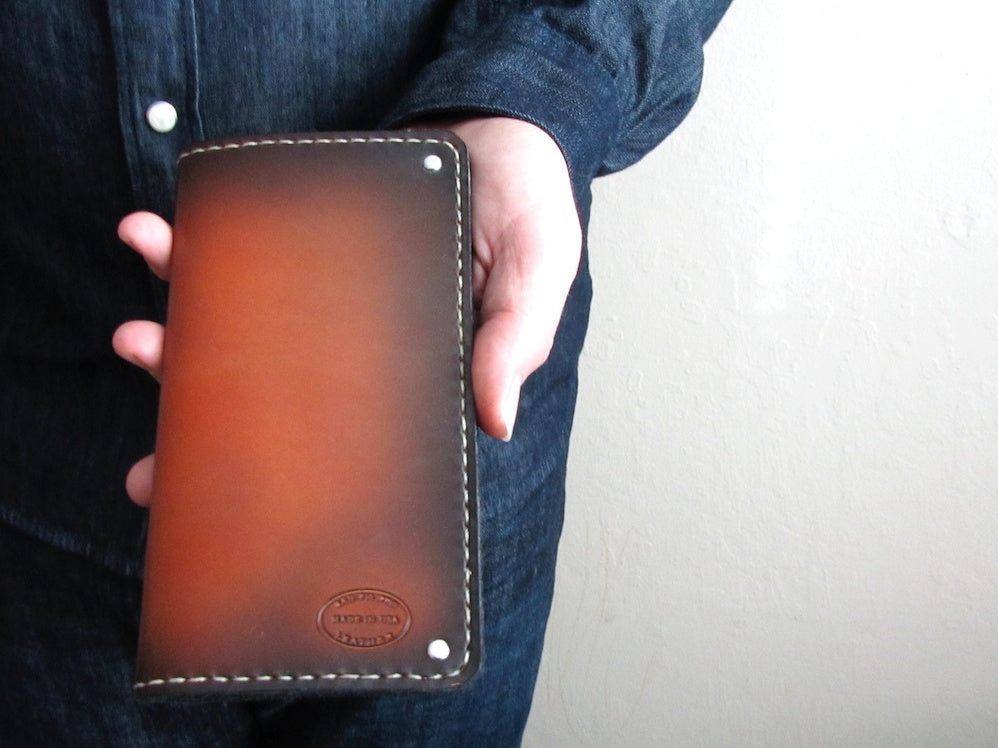 mens leather wallet hand dyed brown sunburst long coat full size high end wallet by san filippo leather