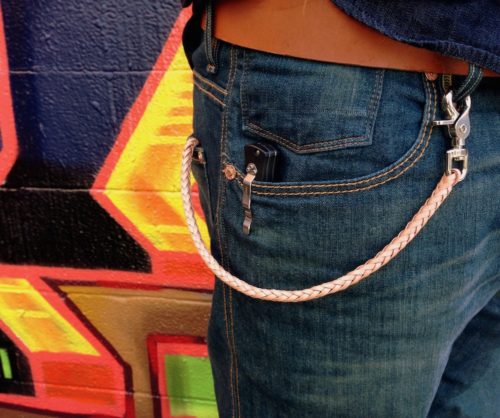 thumbnail image 2 of 25-Inch Twisted Biker Keychain - Braided Leather & Chain Jean Wallet Strap (Black/Brown/Red/Yellow) 2 of 5