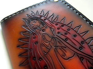 virgin mary de guadalupe hand tooled leather wallet by san filippo leather